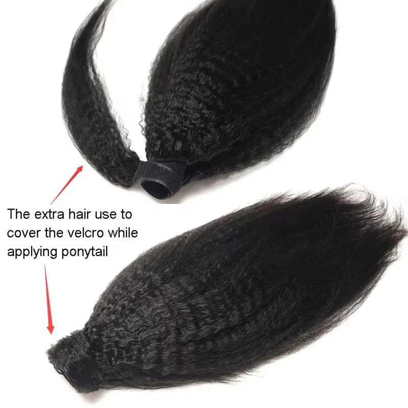 Kinky straight Brazilian Remy human hair wrap-around ponytail extension in natural color for women