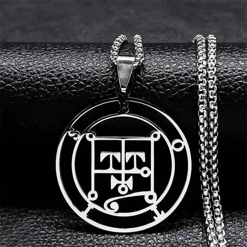 Stainless steel Satan necklace featuring Baphomet stamp and Asmoday sigil, chain jewelry with intricate laser-etched design.