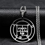 Stainless steel Satan necklace featuring Baphomet stamp and Asmoday sigil, chain jewelry with intricate laser-etched design.