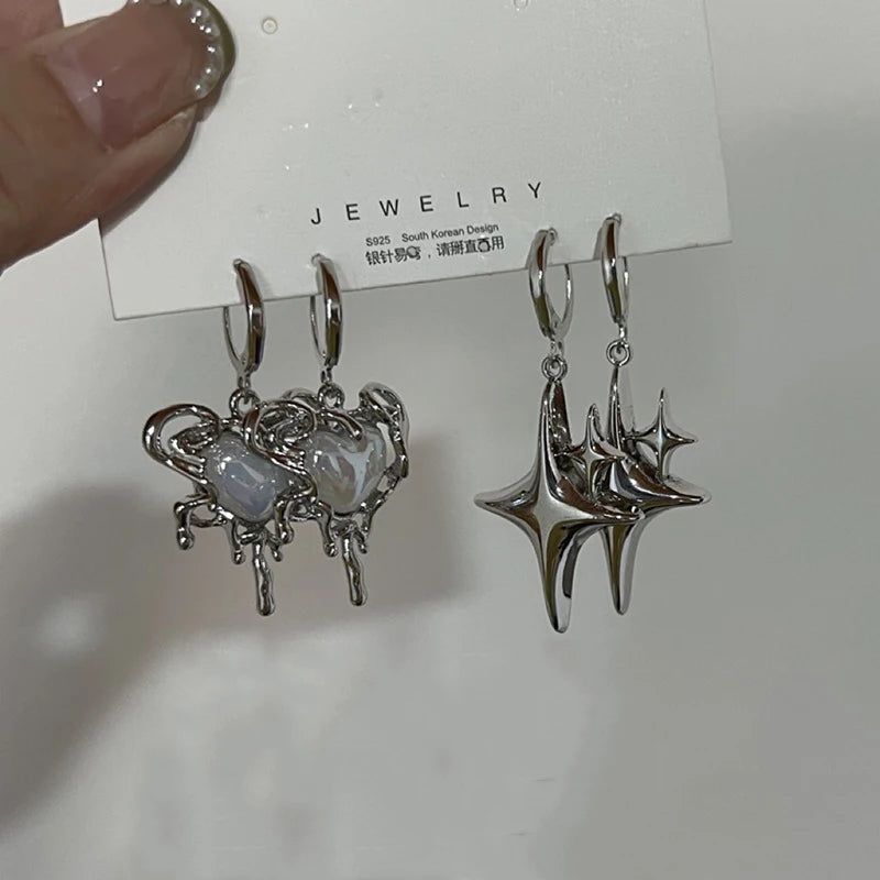 Silver star and opal heart hoop earrings for women, cute punk Y2K daily wear jewelry