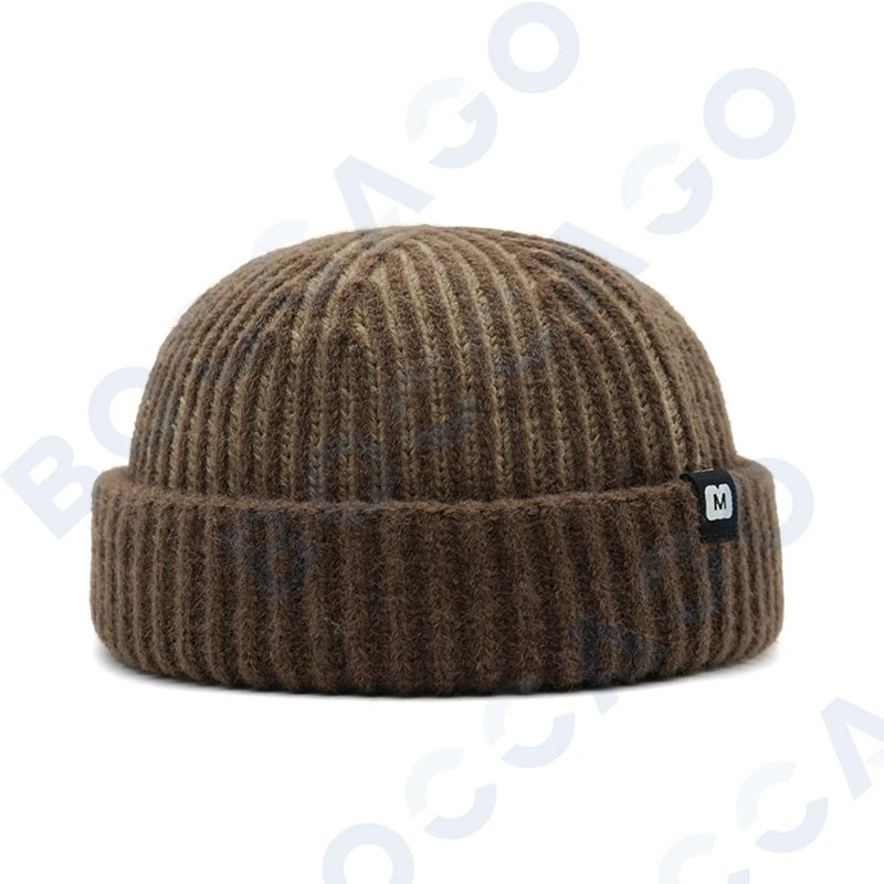 Women's thick striped knitting docker cap, warm winter beanie with letter label and soft retro design by HSF Marketplace