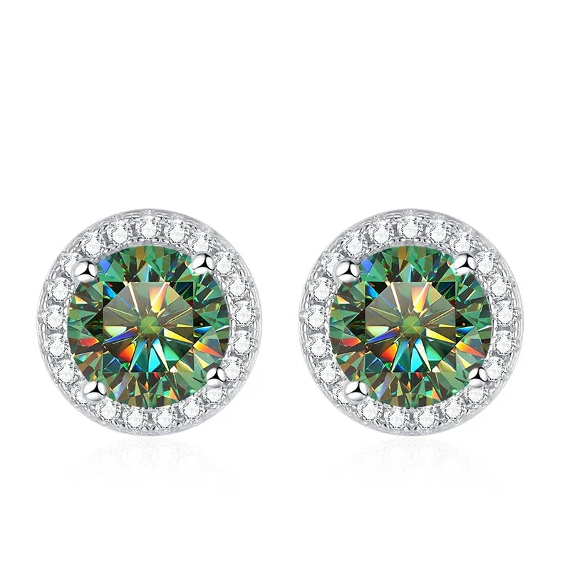 Tezzc moissanite stud earrings in 925 sterling silver, featuring sparkling green, blue, pink, red and black stones