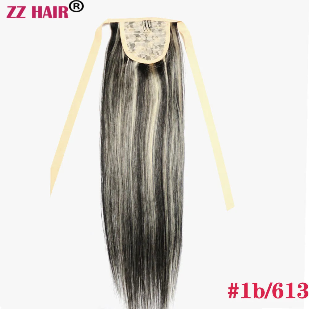 ZZHAIR Brazilian Remy human hair ribbon ponytail, 16–20 inch natural straight horsetail clip-in extension