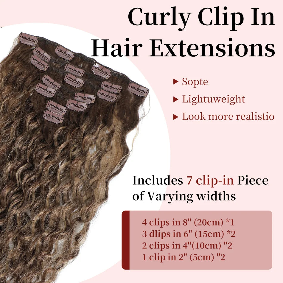 12A Grade Water Wave Clip-In Hair Extensions, 100% Remy Human Hair, 7-piece set, 14-24 inch black waves