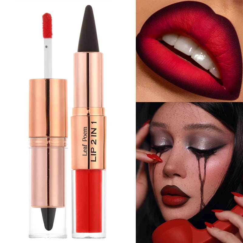 Red and black waterproof lipstick and lipliner set with purple rose design, double-ended tapered contour pencil for makeup and beauty.