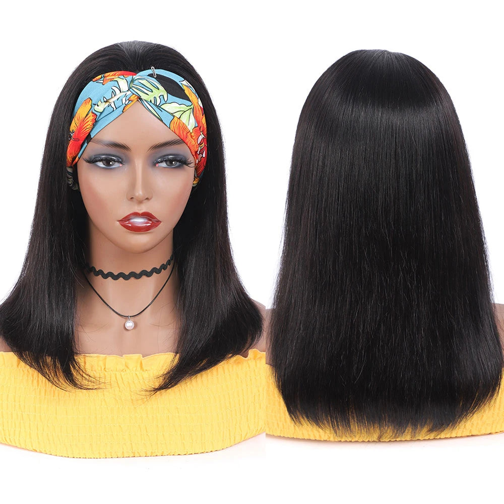 HSF Marketplace bone straight Peruvian human hair headband wig, full machine-made, 180% density black women’s wig
