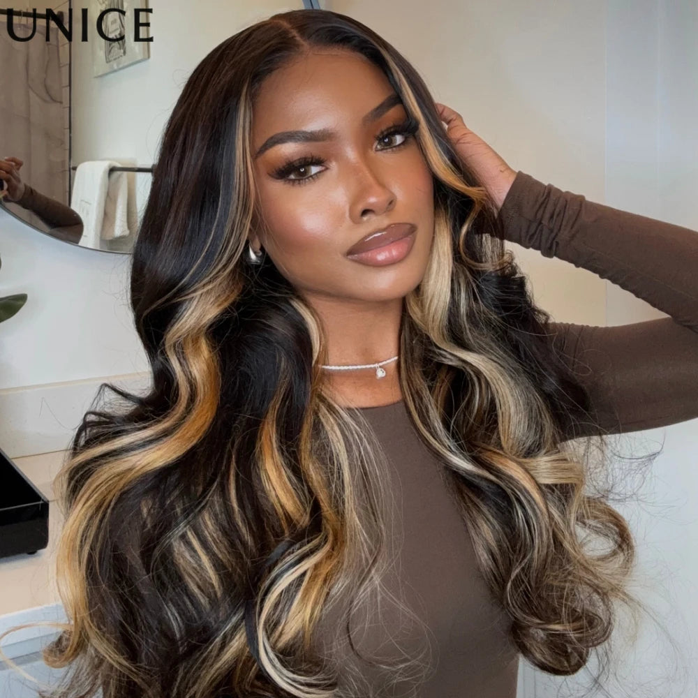 Butterscotch highlights loose wave human hair wig with bangs by HSF Marketplace
