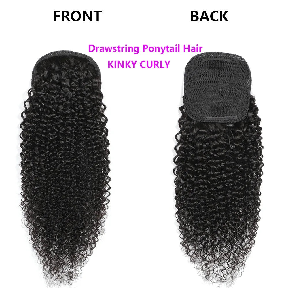 Kinky curly Brazilian human hair drawstring ponytail extension with clip, natural-looking Remy hairpiece for women