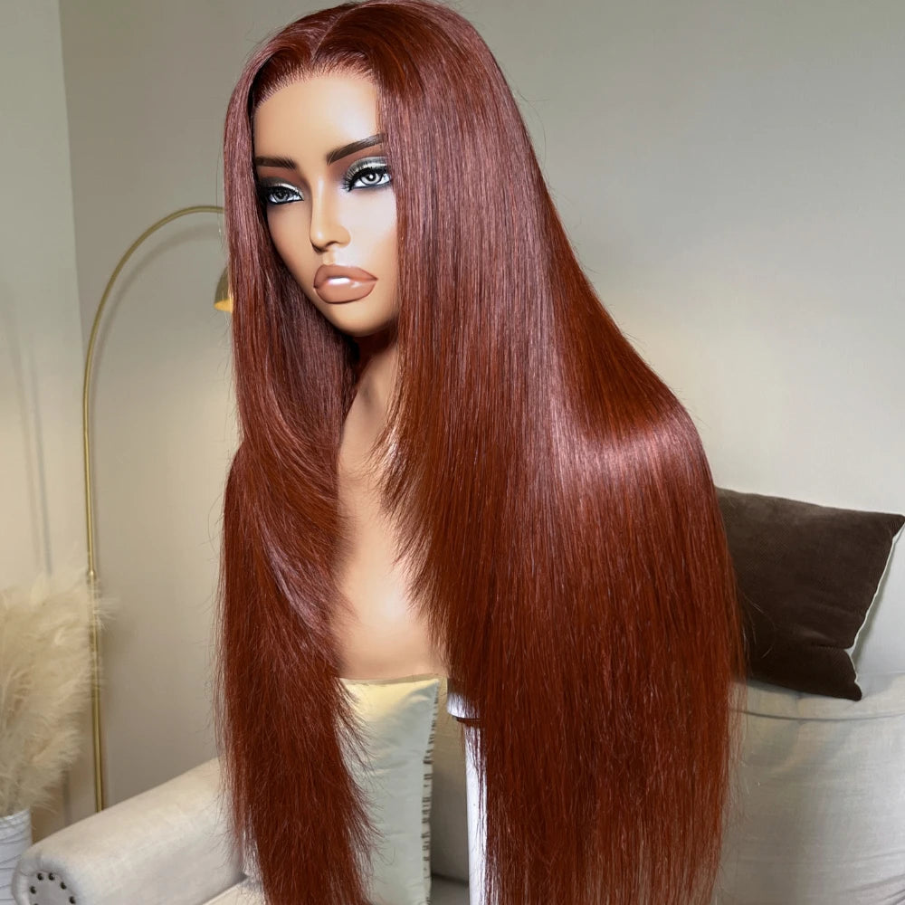 Layered reddish brown straight human hair wig by HSF Marketplace