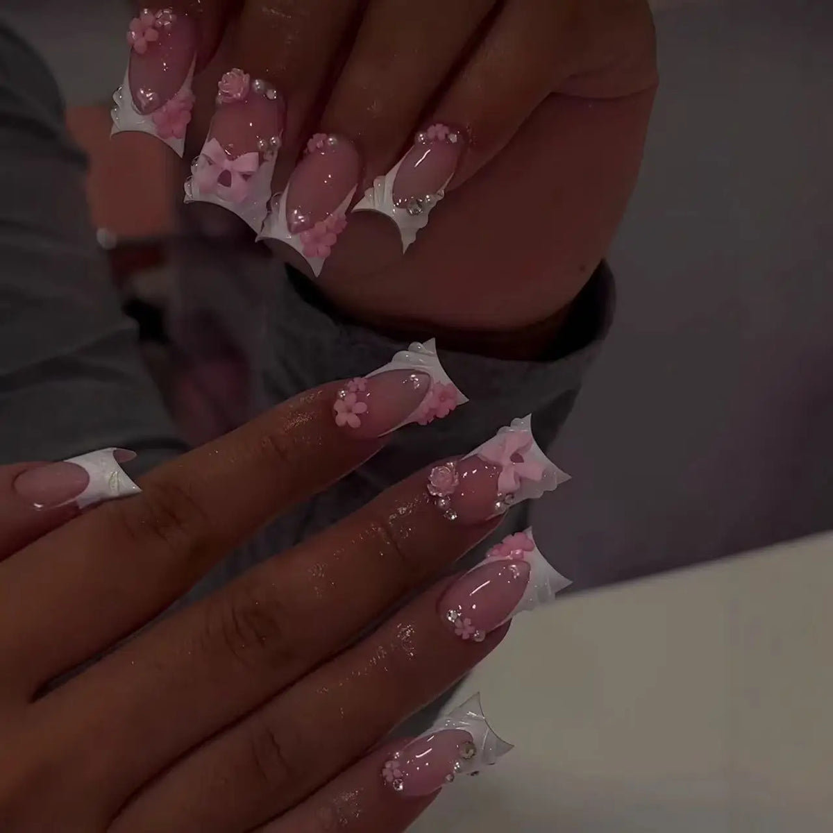 24-piece nude pink short duckbill false nails with leopard French tips, 3D bowknots, butterflies and cherries by HSF Marketplace