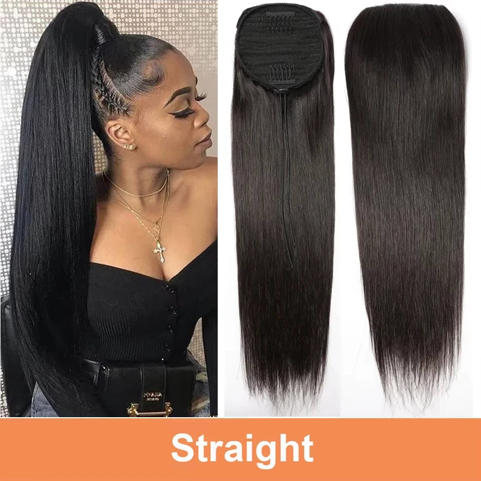 Water wave wrap-around drawstring ponytail human hair extension by HSF Marketplace