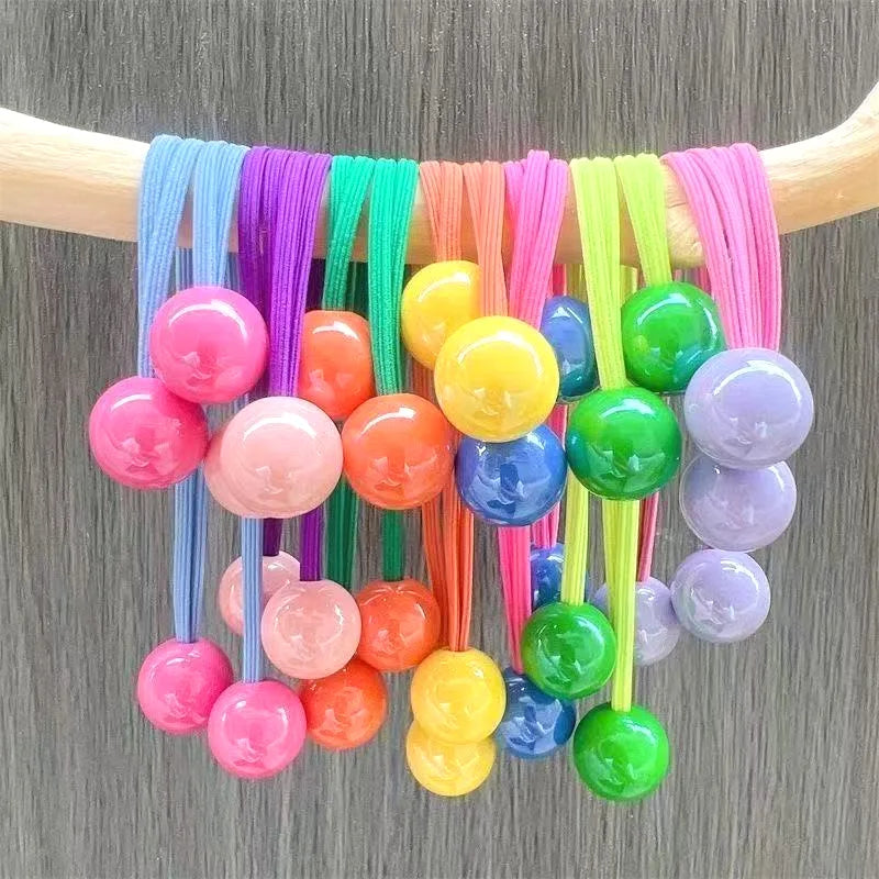 Candy Color Double Bead Hair Ties Kids Elastic Hair Bands Colorful Round Ball Ponytail Holders Cute Hair Accessories For Little
