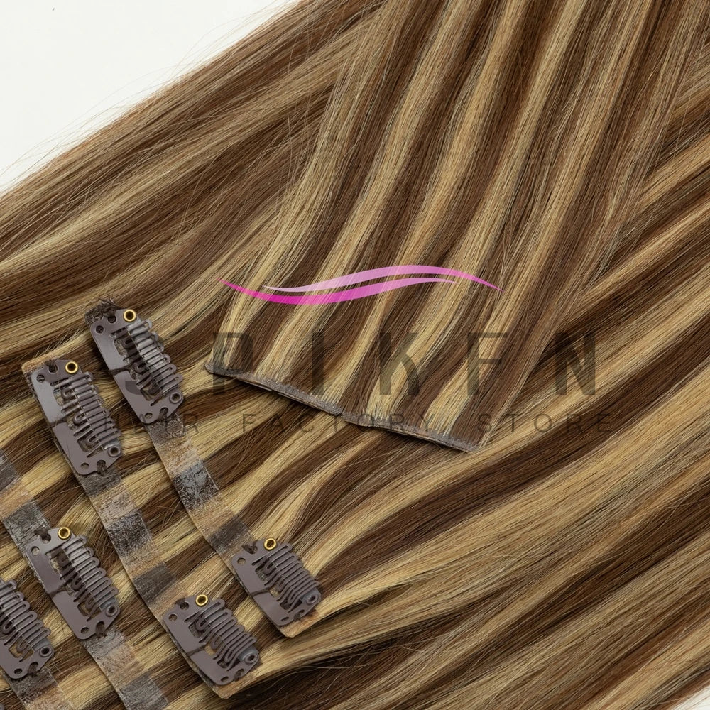 Invisible PU clip-in human hair extensions, chocolate brown straight Remy hair, 7-piece set with clips