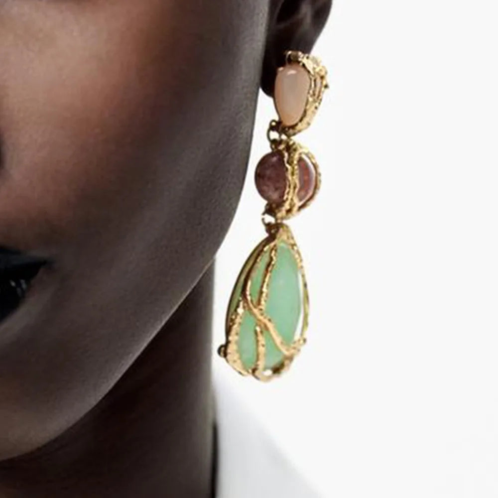 Fashion Natural Resin Waterdrop Metal Mesh Earrings For Women Retro Crystal Geometric Dangle Earrings Party Jewelry Boho Gifts