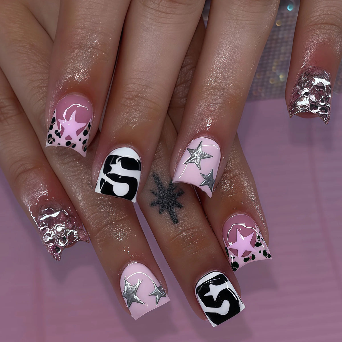 24-piece short square press-on false nails with black and white zebra print, polka dots, and French tips