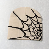 Autumn unisex spiderweb knitted beanie hat, Y2K punk skull cap for women and men in black streetwear style