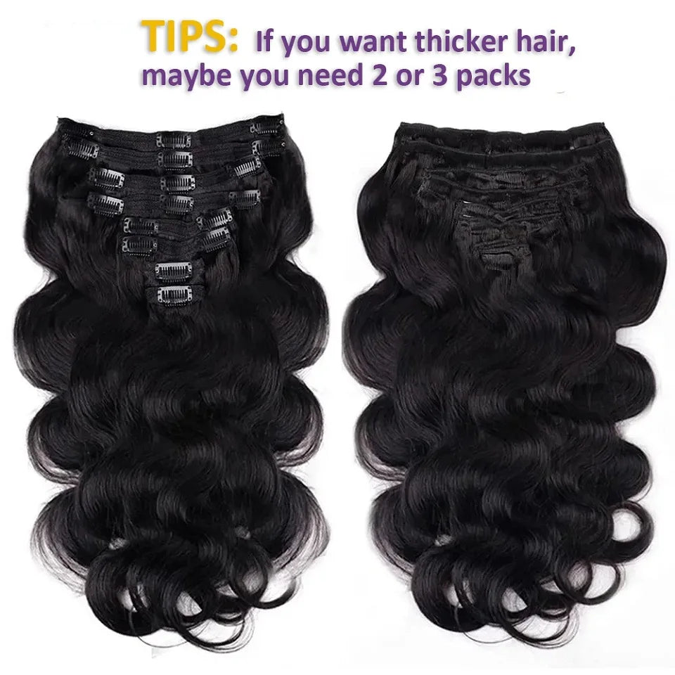 Brazilian virgin body wave human hair clip-in extensions, 8-piece set with 20 clips, 8–24 inches