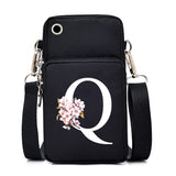 Hanging small crossbody bag with Sakura alphabet and floral graphics, featuring a mobile phone compartment and adjustable strap.