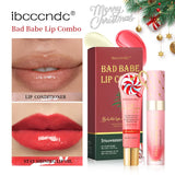 Two-piece Bad Girl Christmas lip gloss set from HSF Marketplace featuring glossy strawberry lip balm and lip gloss for hydrated, plump lips.