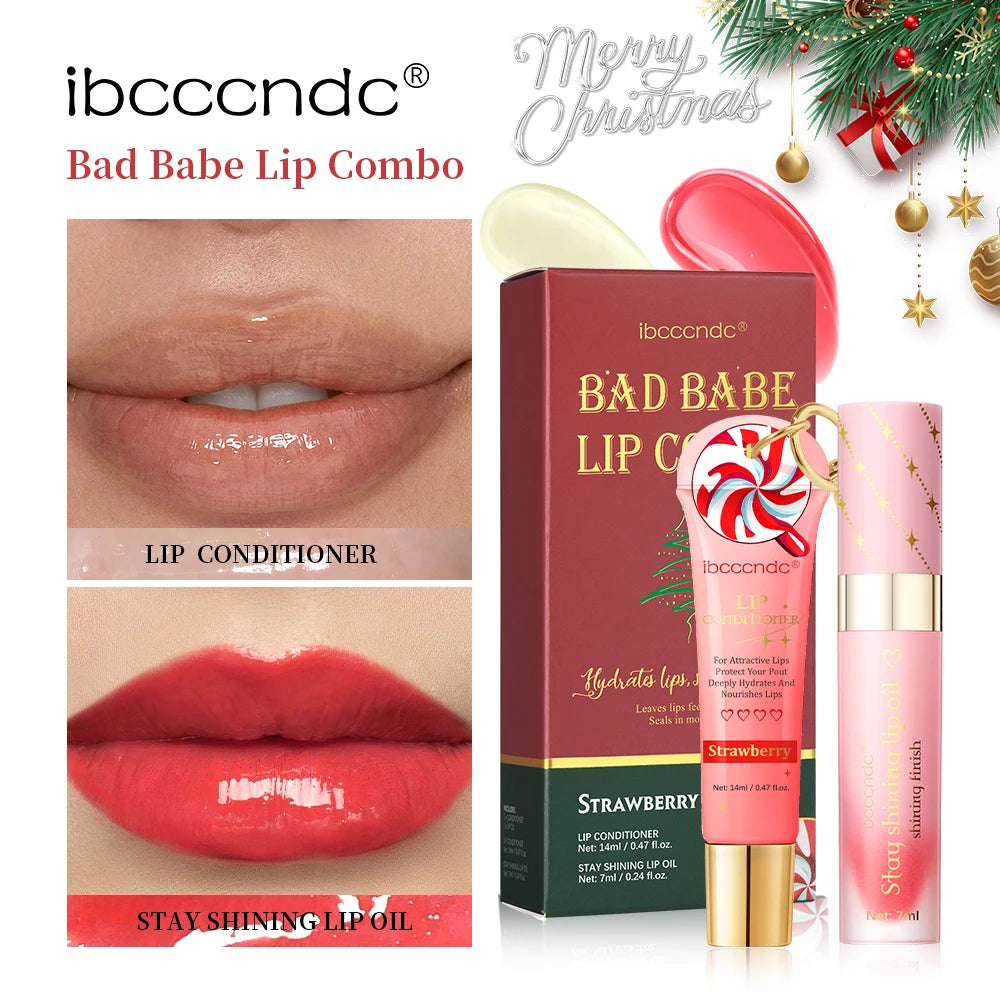 Two-piece Bad Girl Christmas lip gloss set from HSF Marketplace featuring glossy strawberry lip balm and lip gloss for hydrated, plump lips.