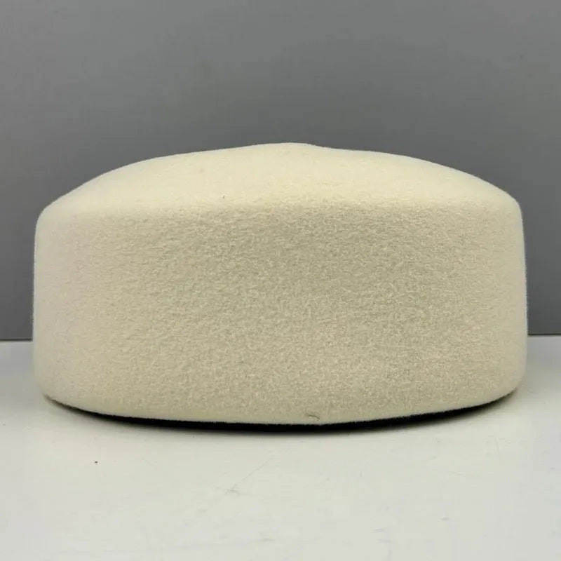 Women’s vintage wool felt beret hat with hard concave top, pillbox fascinator style for weddings and parties