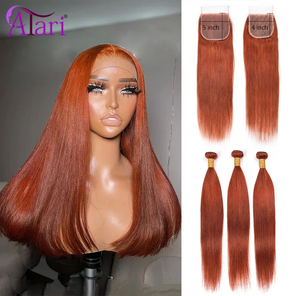 Ginger Orange Colored Straight Bundles with Closure Brazilian 5x5 4x4 Lace Closure Bundles with Closure Transparent Lace Hair