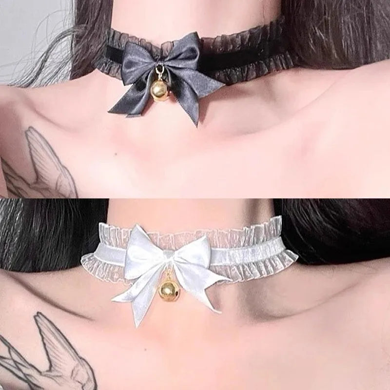 Women's lace collar choker necklace with bow and small bell, gothic-inspired fashion jewelry with pendant, stylish and cute accessory