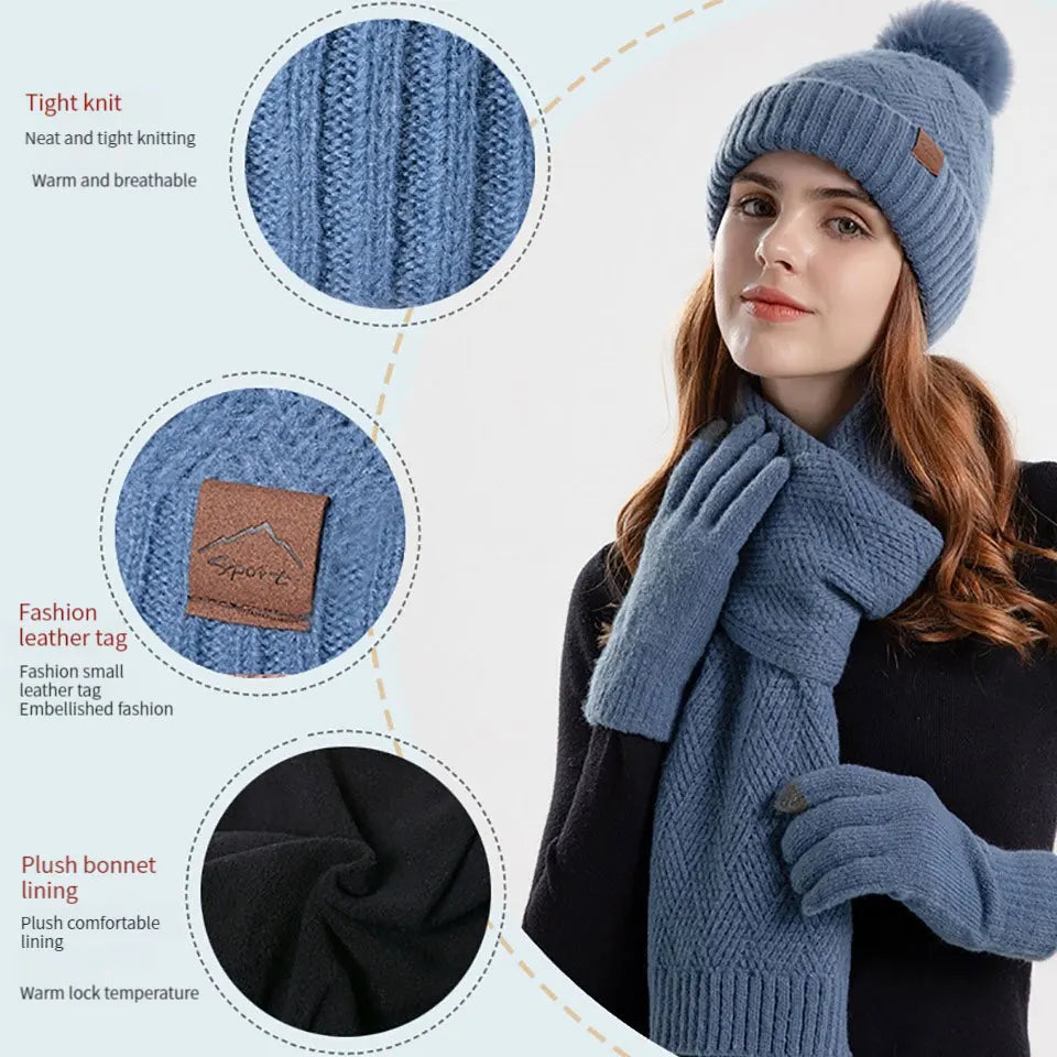 Women's winter beanie hat, scarf and gloves set in three pieces by HSF Marketplace