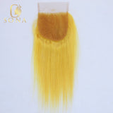 Yellow straight human hair bundles with 4x4 transparent lace closure, sew-in wefts from HSF Marketplace.