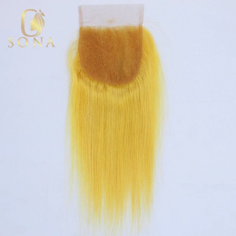 Yellow straight human hair bundles with 4x4 transparent lace closure, sew-in wefts from HSF Marketplace.