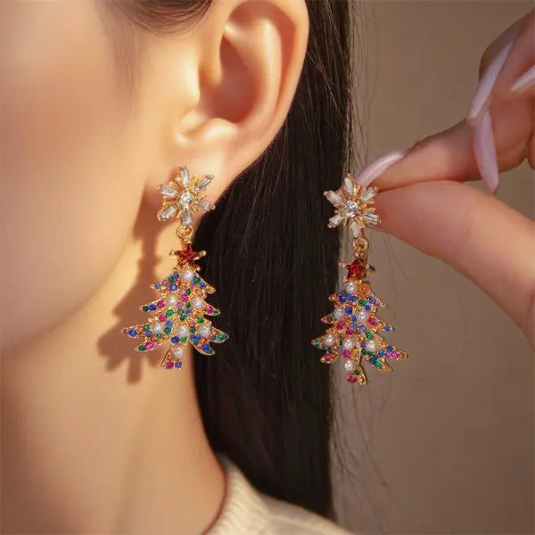 Creative Christmas Grandpa and Grandma Zircon Stud Earrings For Women White Pearl Crystal Snowman Elk Earring New Year Jewelry