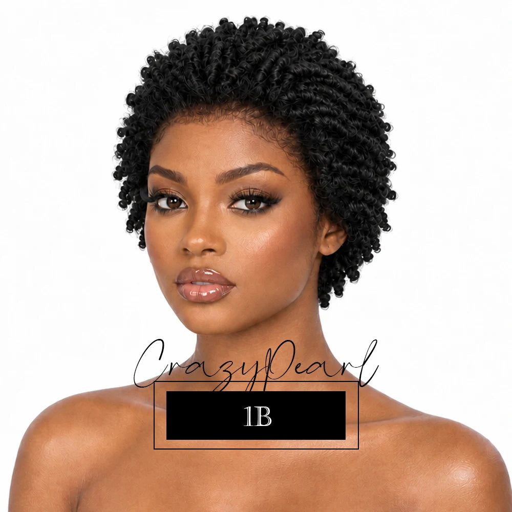 Chocolate brown short pixie cut dreadlocks wig with lace frontal, faux locs, Afro twists, human hair, styled for a natural look.