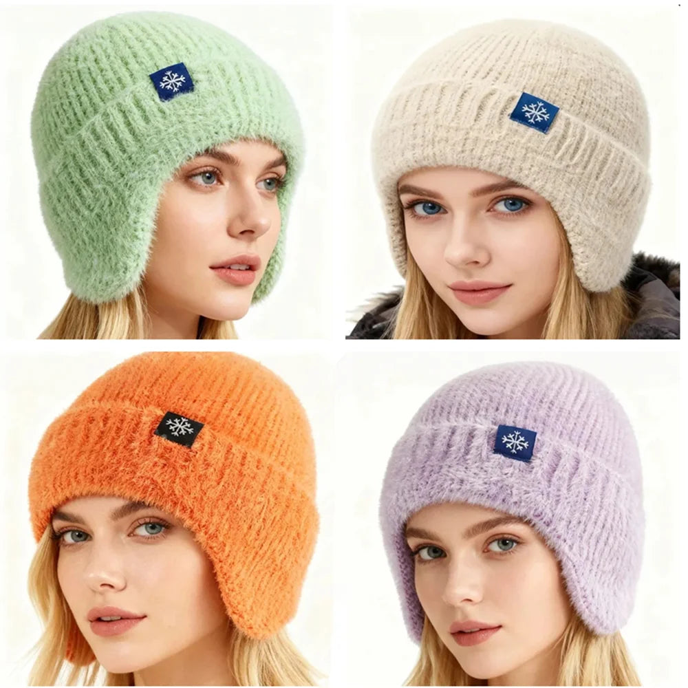Women's faux fur knitted earflap winter hat in candy colors, soft Kpop-style beanie cap