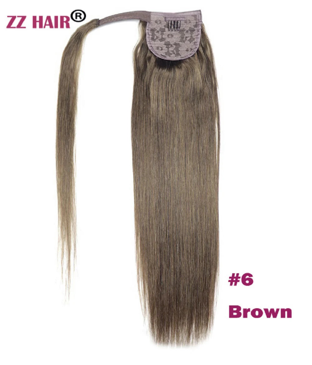 ZZHAIR 100% human hair straight wrap-around ponytail extension, machine-made Remy clip-in style