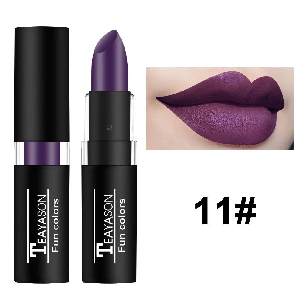 Set of 12 waterproof, long-lasting lipsticks in red, purple, blue, green, and matte finishes by HSF Marketplace.