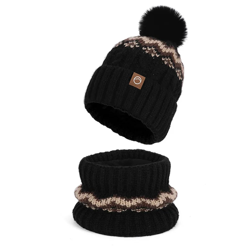 Women's warm knitted beanie cap and scarf set for winter in soft textured fabric, HSF Marketplace