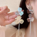 Trendy HSF flower drop earrings with long tassels and sparkling rhinestones