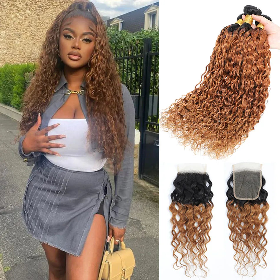 12A Ombre 1B 99J Brown Water Curly 3 Bundles With HD Lace Closure Colored Remy Malaysia Hair Wet And Wavy 3 Bundles With Closure