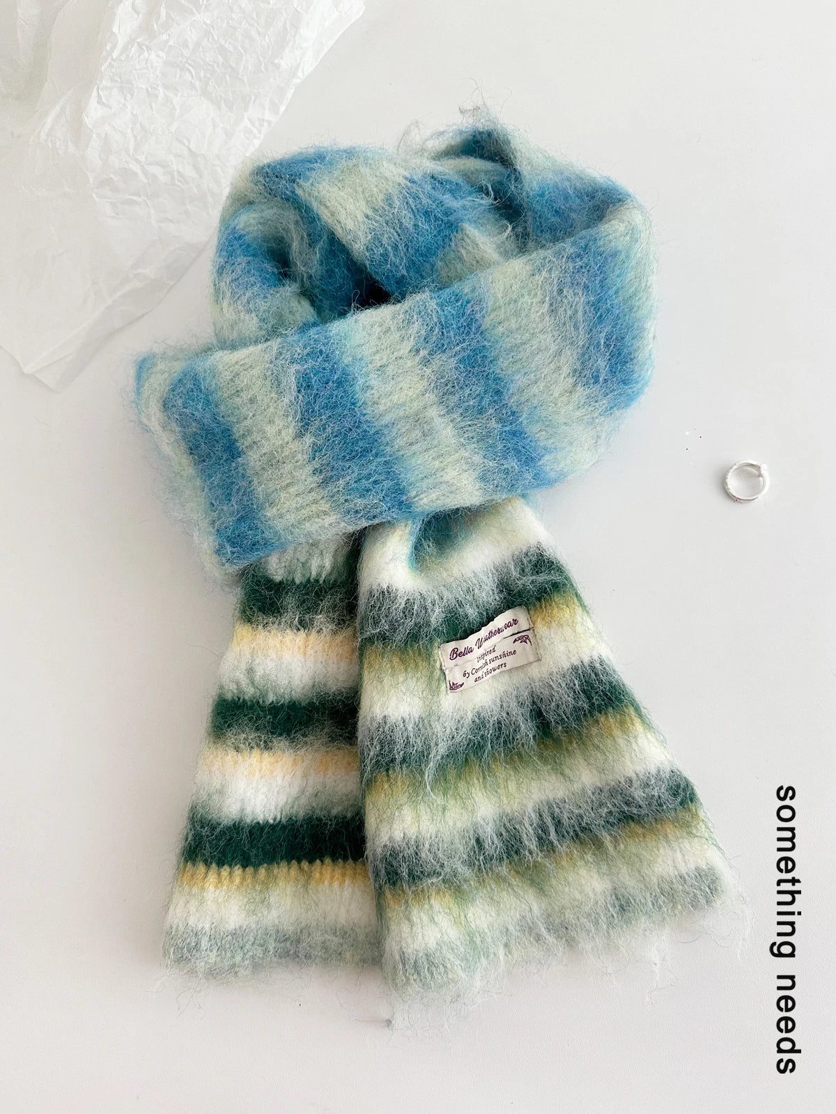 Y2K striped winter scarf, gloves, and hat set for women in a coordinated cold-weather design