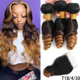 DreamDiana 10A Loose Wave Bundles with Closure Wet and Wavy Brazilian Ocean Wave 100% Human Hair 3 Bundles with 4x4 Lace Closure