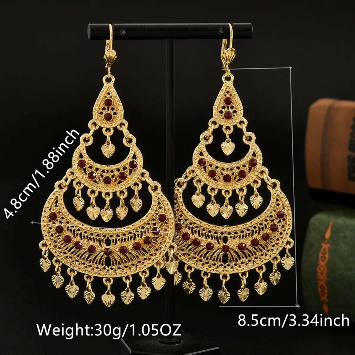 Vintage gold plated heart tassel earrings for boho style, HSF Marketplace jewelry visibly detailed on white background