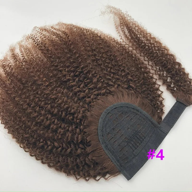 Mongolian Afro Kinky Curly Human Hair Wrap Around Ponytail Natural Color Clip Ponytail Extension Hair For Women 10-22 Inch