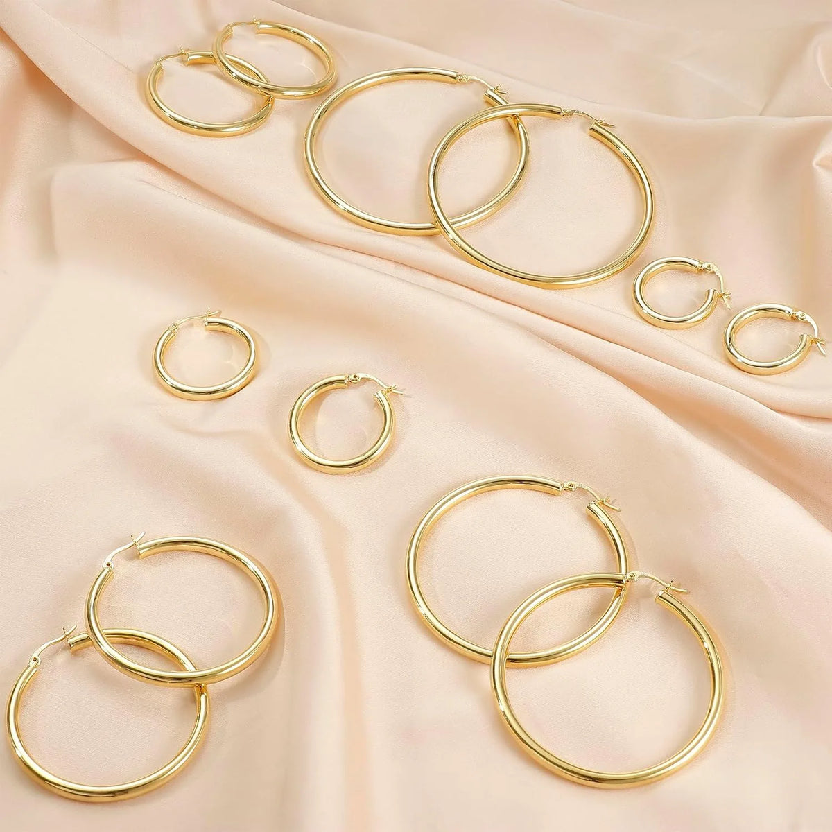 14K chunky gold plated hollow tube hoop earrings with 925 sterling silver posts, 4mm thick and lightweight for women