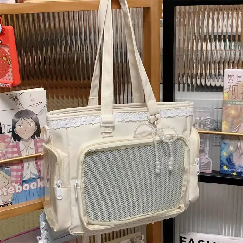 Transparent Y2K Japanese Ita shoulder bag by HSF Marketplace, large capacity casual tote with crossbody and DIY display features.