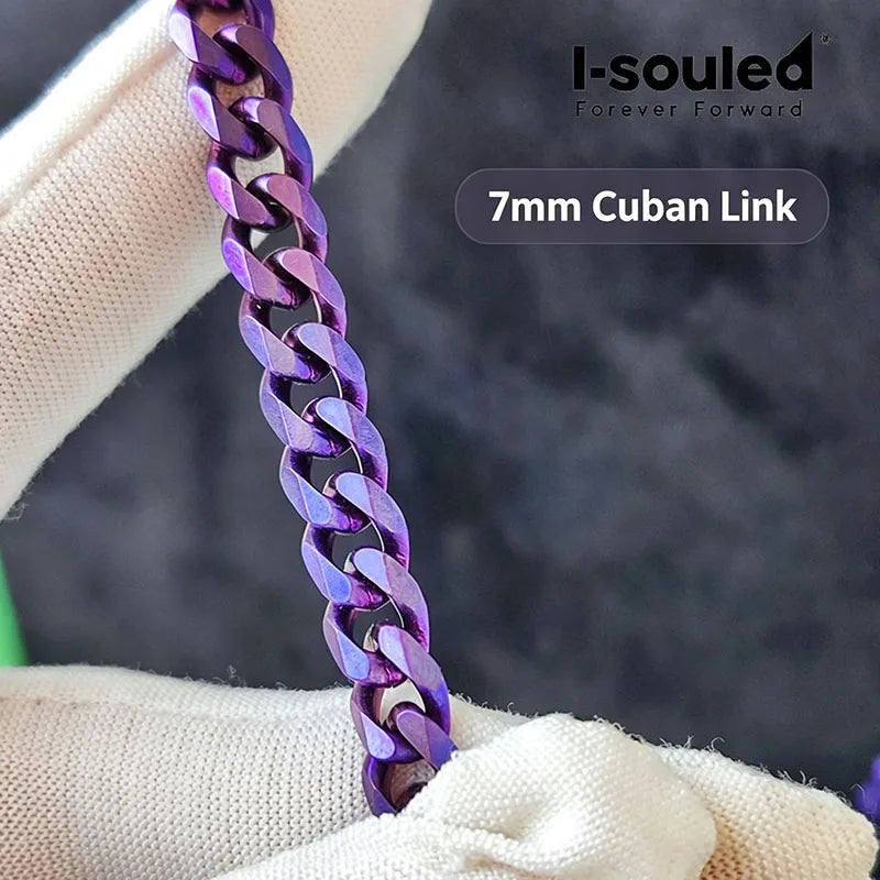 Grade 1 Titanium Chain Necklace 7mm Cuban Link, Hypoallergenic Anodized Purple Blue Necklace for Sensitive Skin