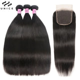 Unice Human Hair Bundles with 4x4 lace closure in natural color, 100% human hair, displayed in sleek bundles.