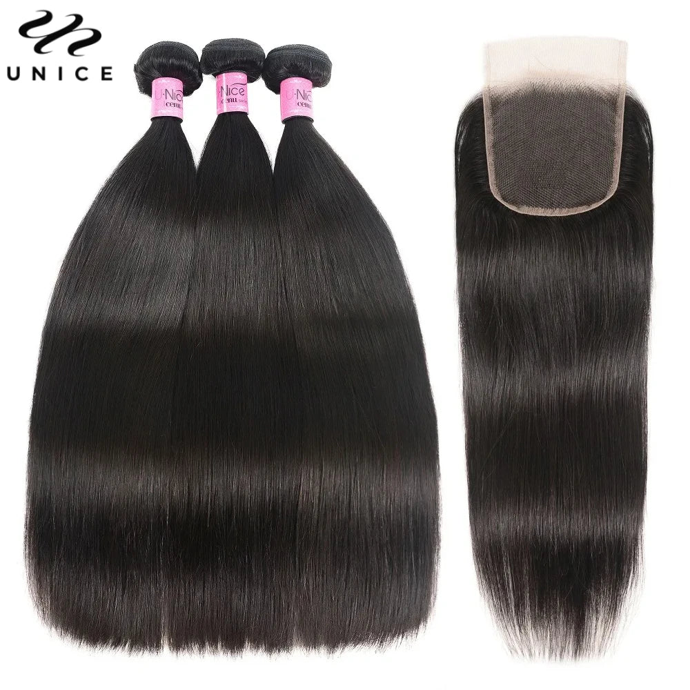 Unice Human Hair Bundles with 4x4 lace closure in natural color, 100% human hair, displayed in sleek bundles.