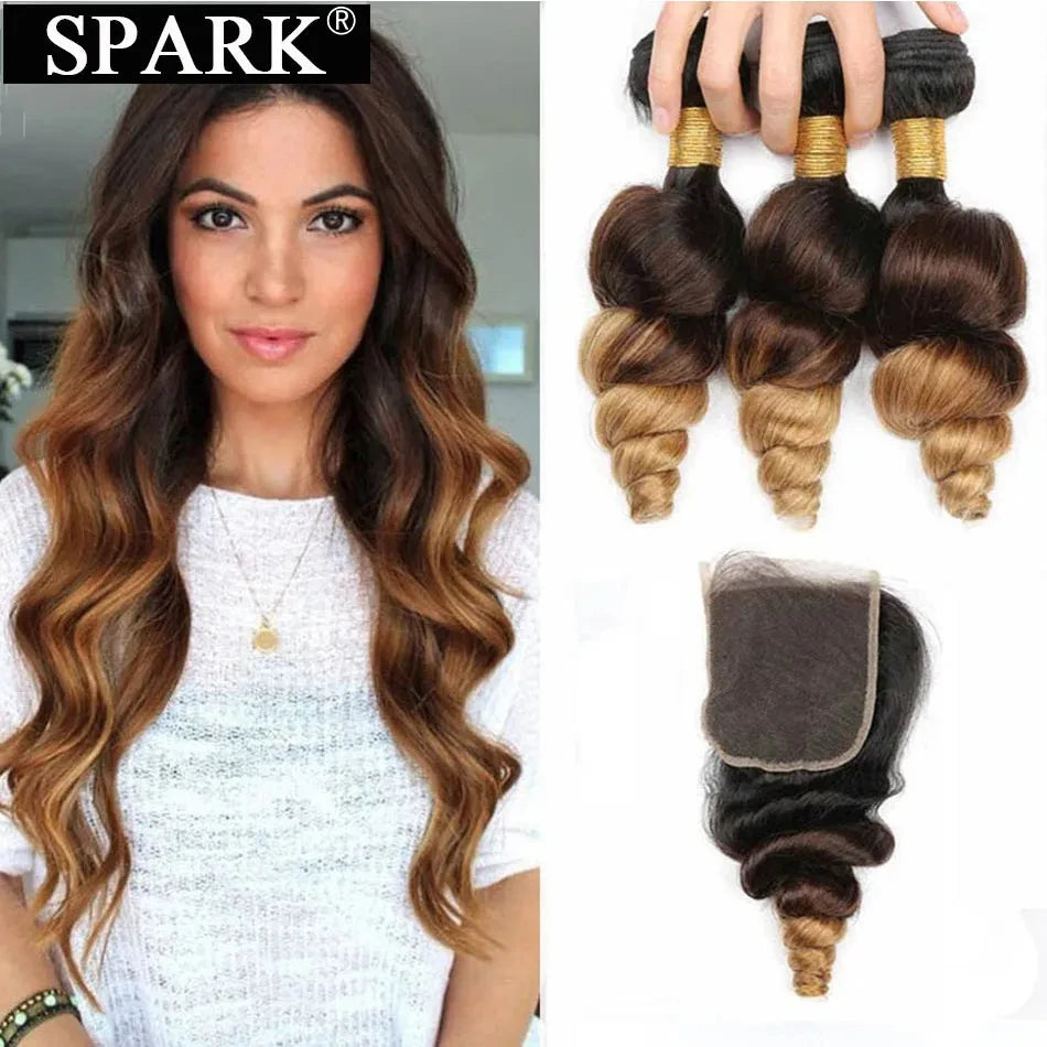 Spark Ombre Peruvian Loose Wave Bundles with Closure Remy Hair Extension Human Hair Bundles with Closure