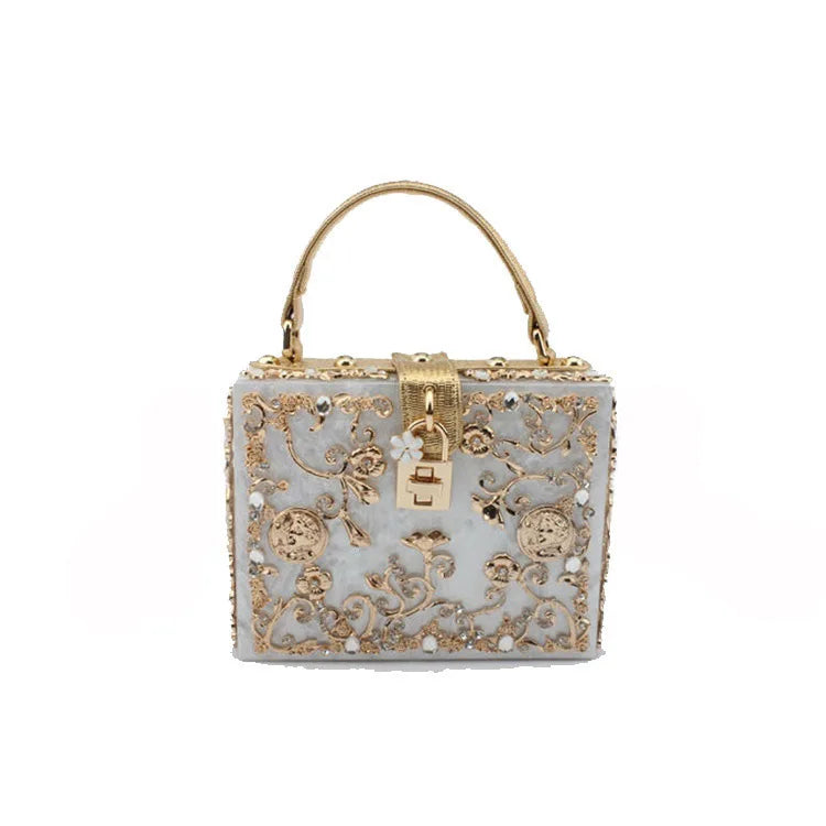 Acrylic dinner bag with engraved metal and diamond accents, HSF Marketplace handbag clutch