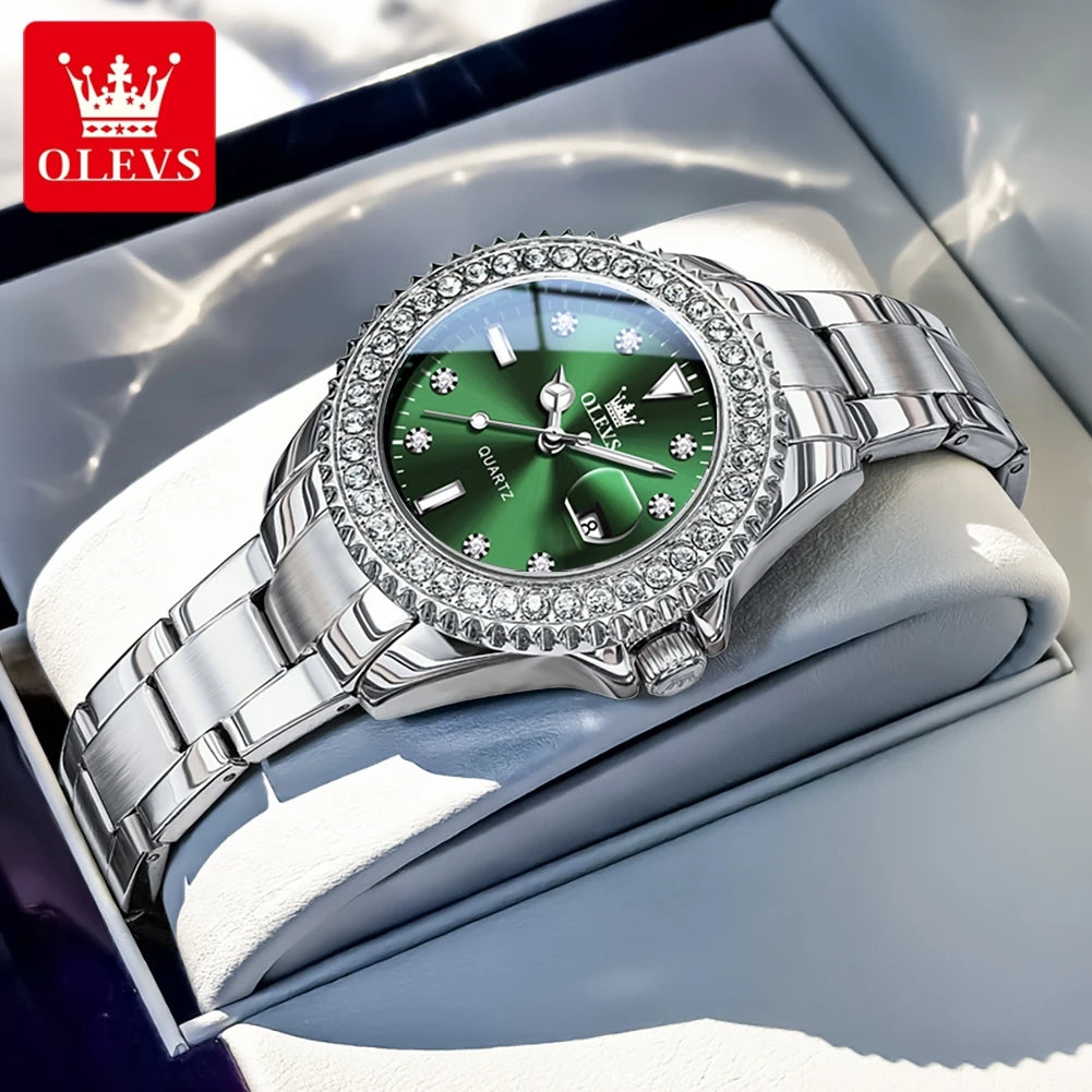 OLEVS 9945 Luxury Women Original Quartz Movement Watch Diamond Scale Stainless Steel Bracelet Luminous Function 30M Waterproof Watch